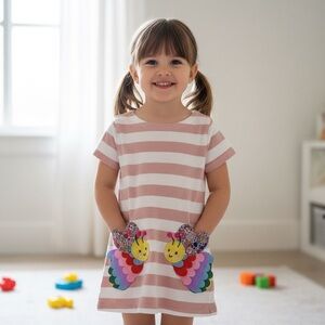 Mini Boden Colorful Bee Appliqué Striped Tunic Dress 3-4Yrs